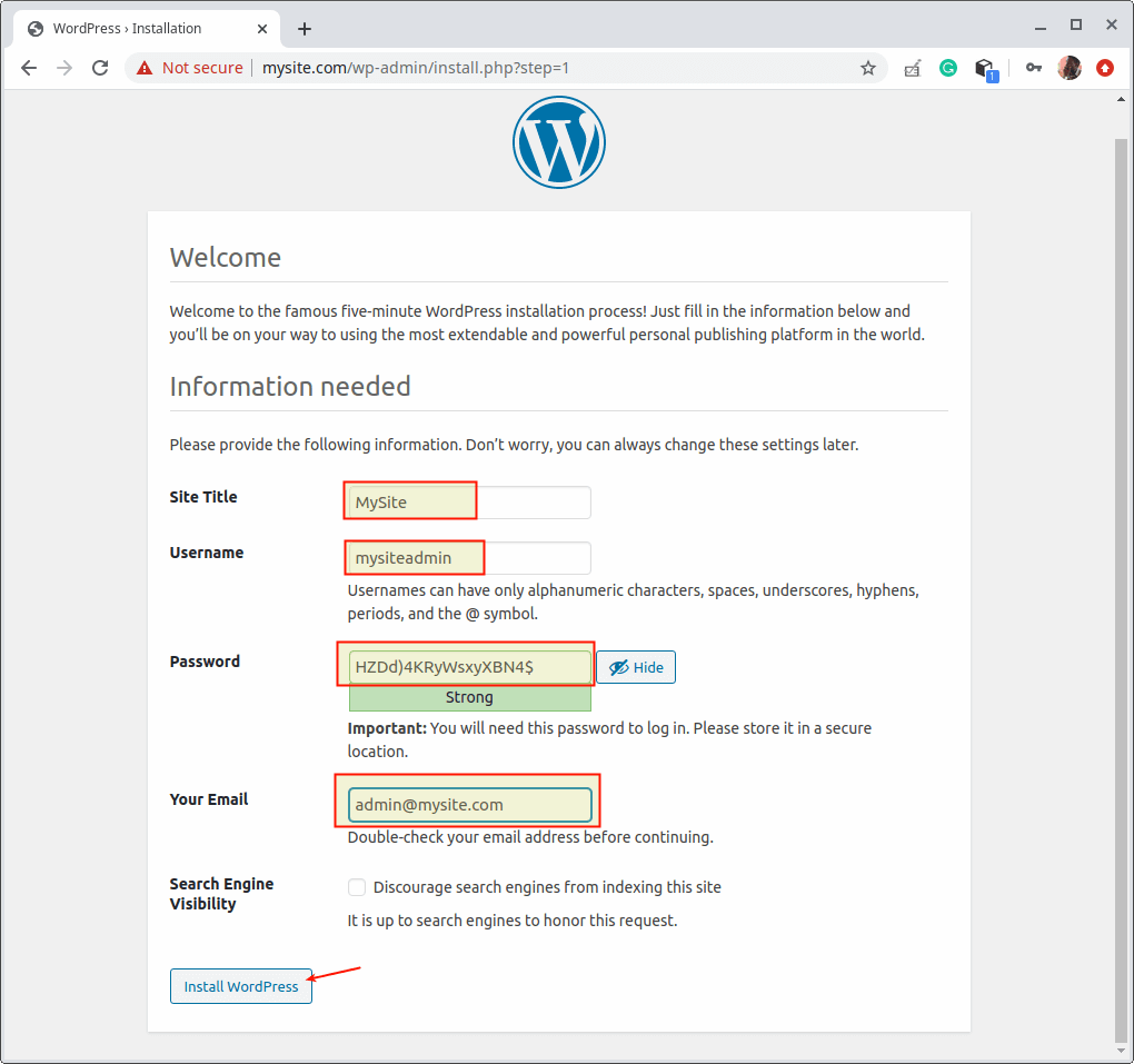 Aggiungi Sito WordPress Dettagli
