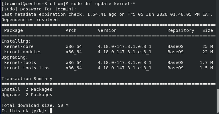 Aggiornamento del Kernel in CentOS 8