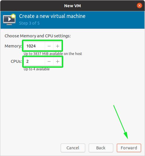 Scegliere la Memoria e la CPU per VM