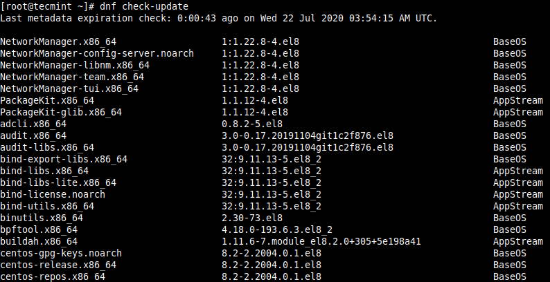 Controllare CentOS 8 Aggiornamenti