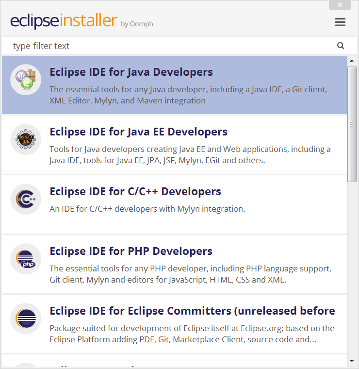 Elenco di Eclipse IDE per Installare