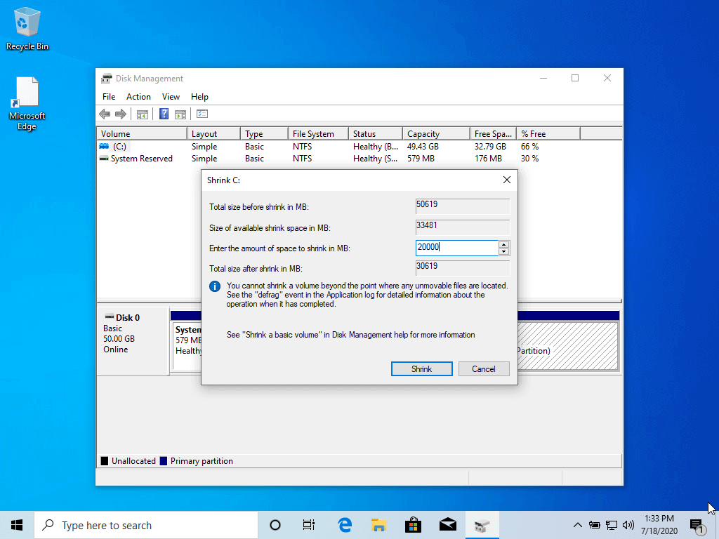 Riduci la partizione di Windows
