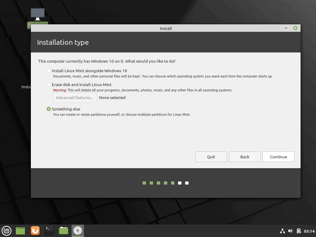Seleziona il tipo di installazione di Linux Mint
