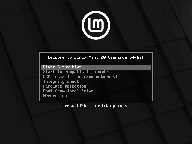 Seleziona Avvia installazione Linux Mint Cinnamon