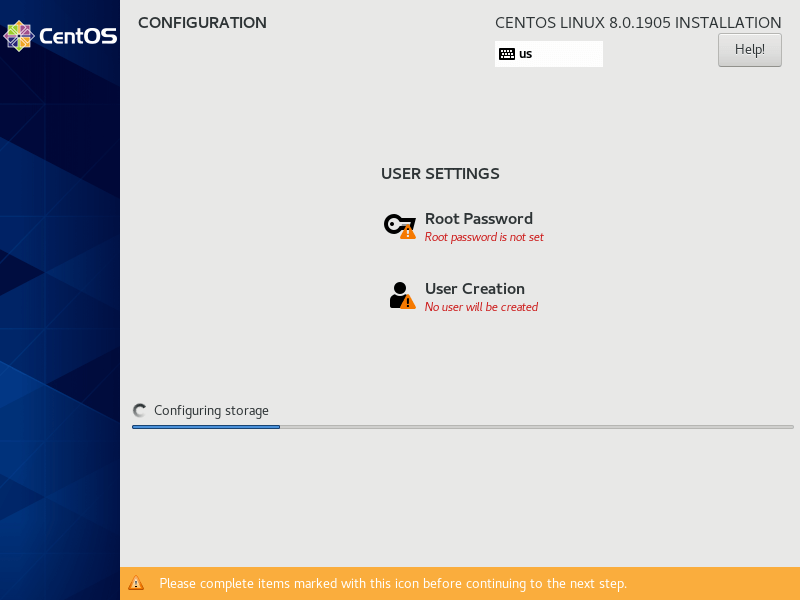 Inizia l'installazione di CentOS