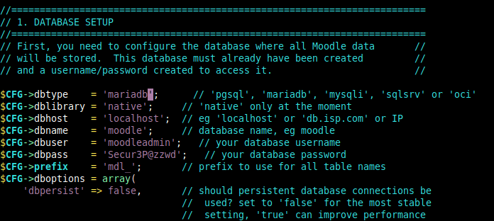 Configura le impostazioni del database Moodle