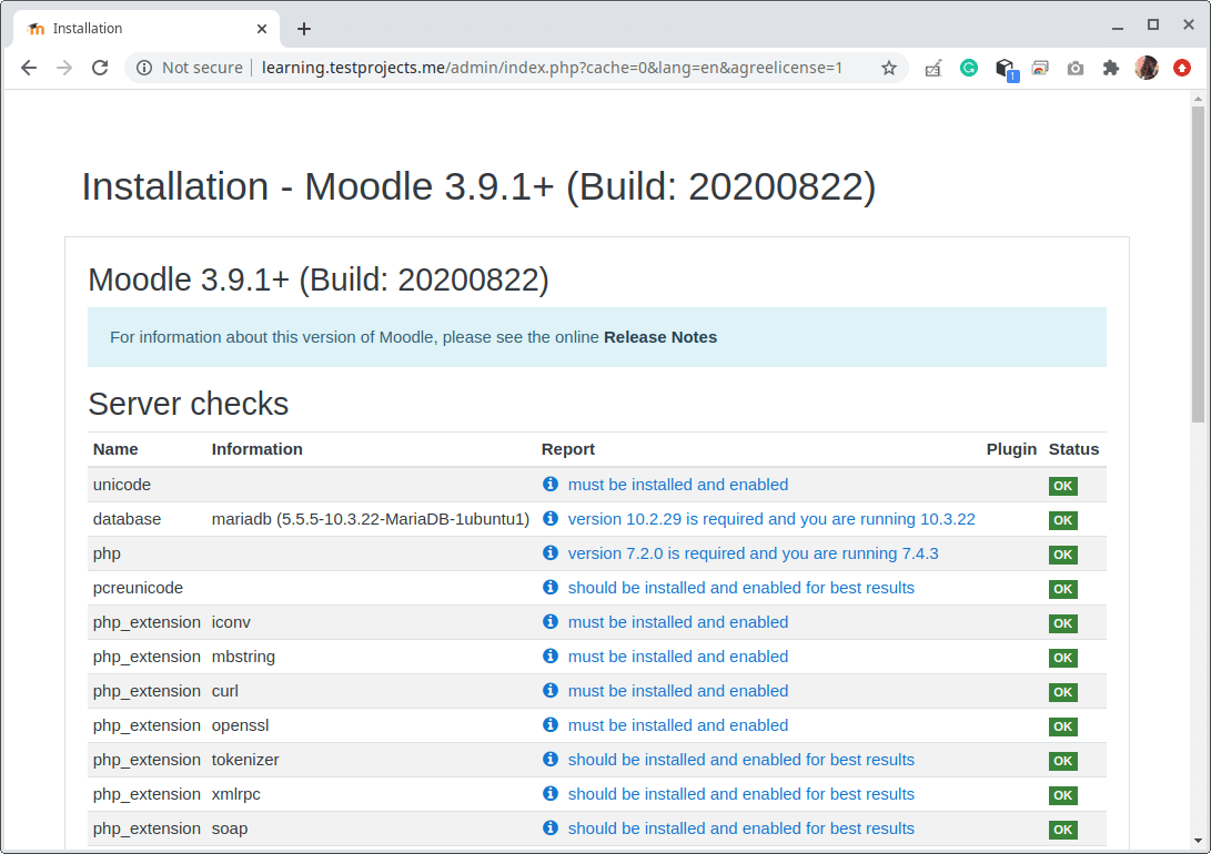 Verifica dei requisiti di sistema di Moodle