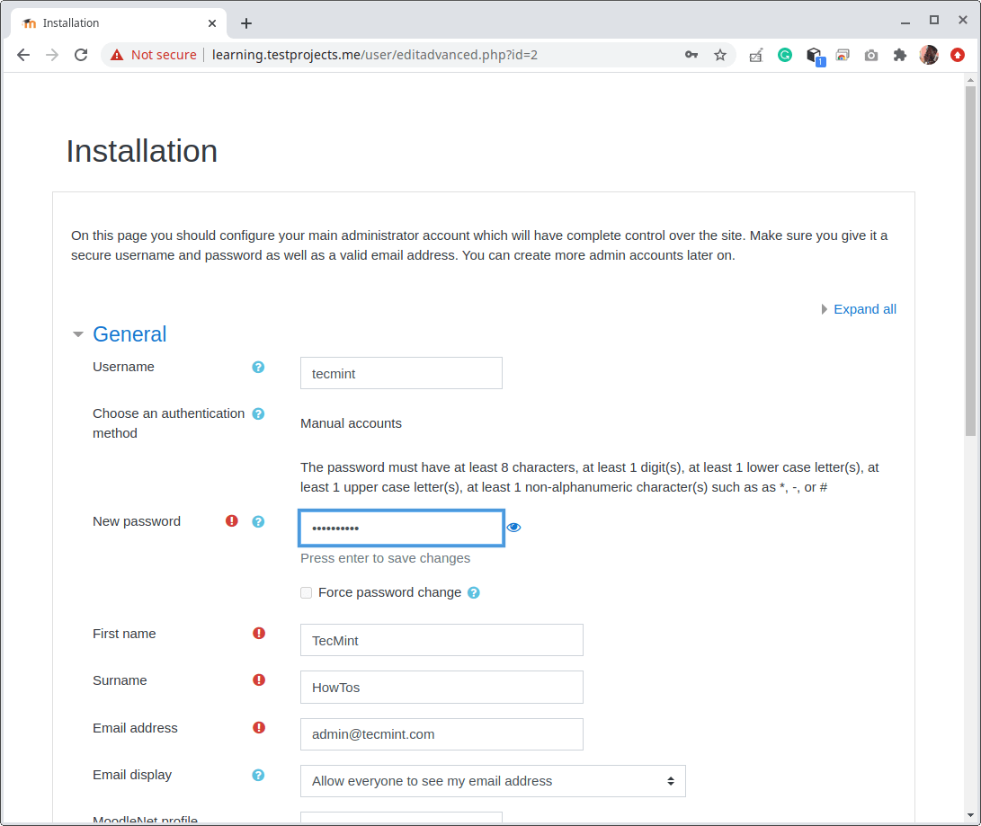 Crea un account amministratore Moodle