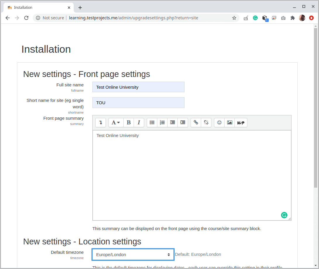 Configura la prima pagina di Moodle