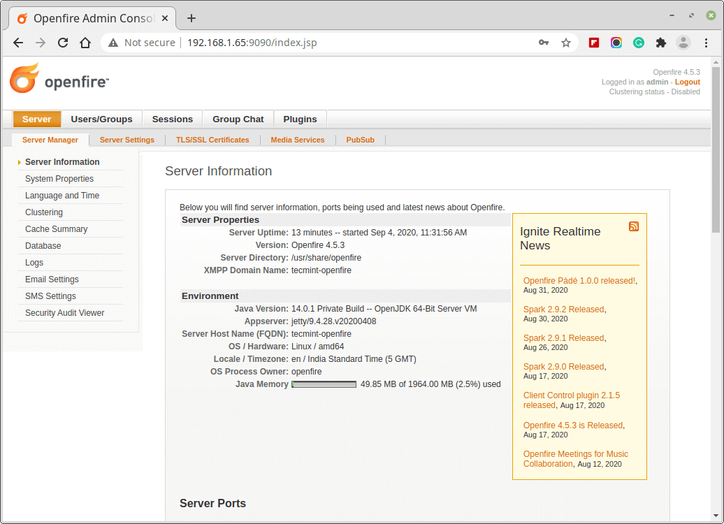 Informazioni sul server Openfire
