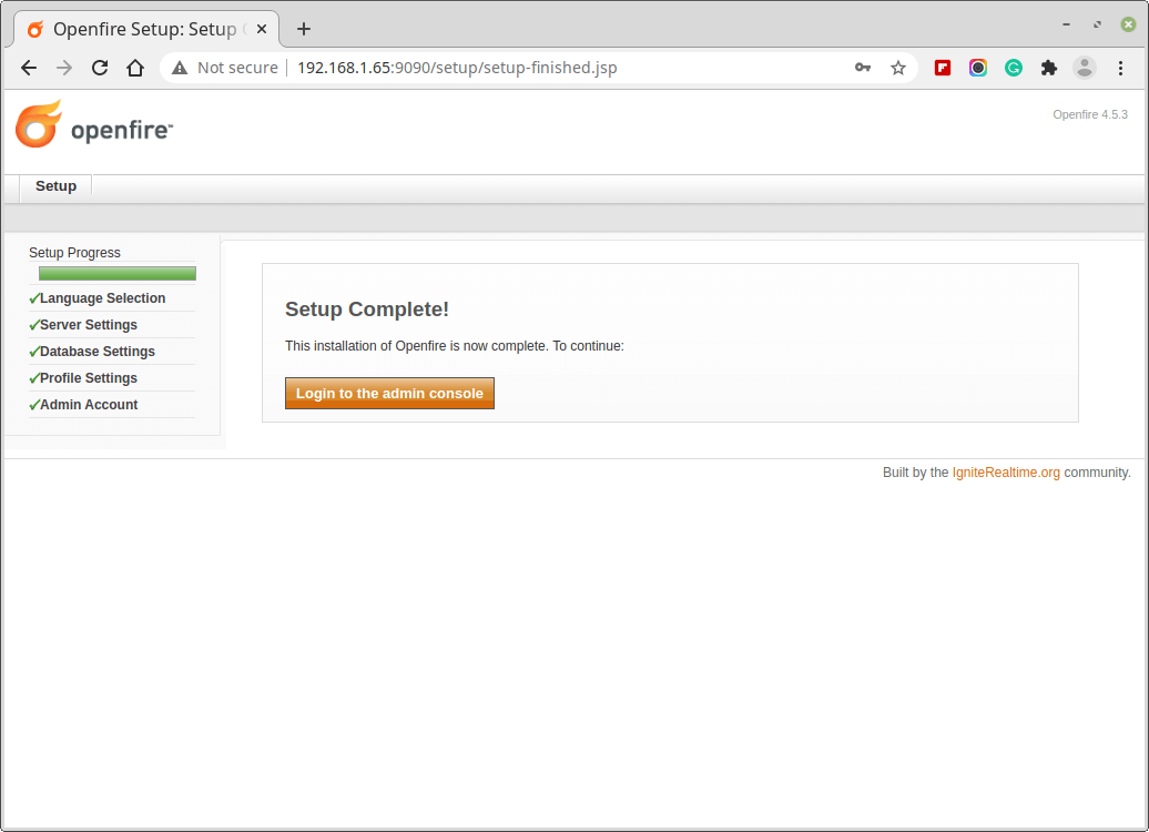 Installazione di Openfire completata