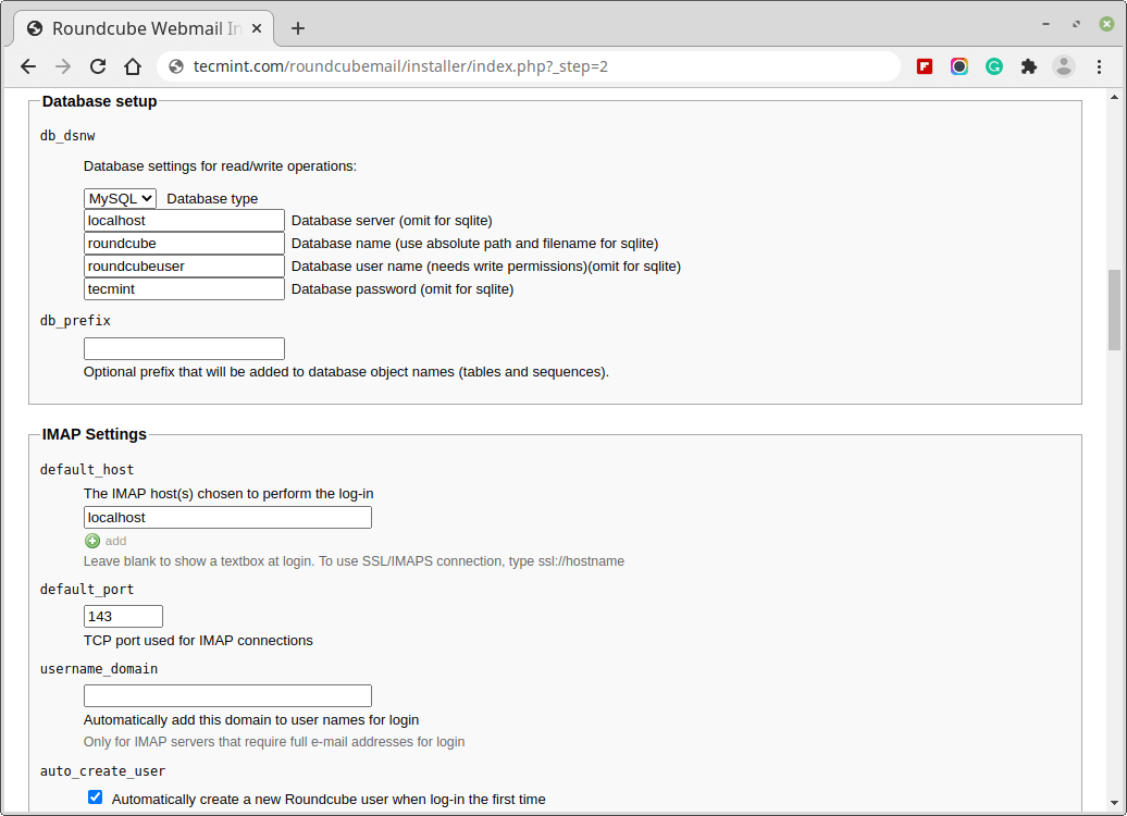 Impostazioni database Webmail Roundcube
