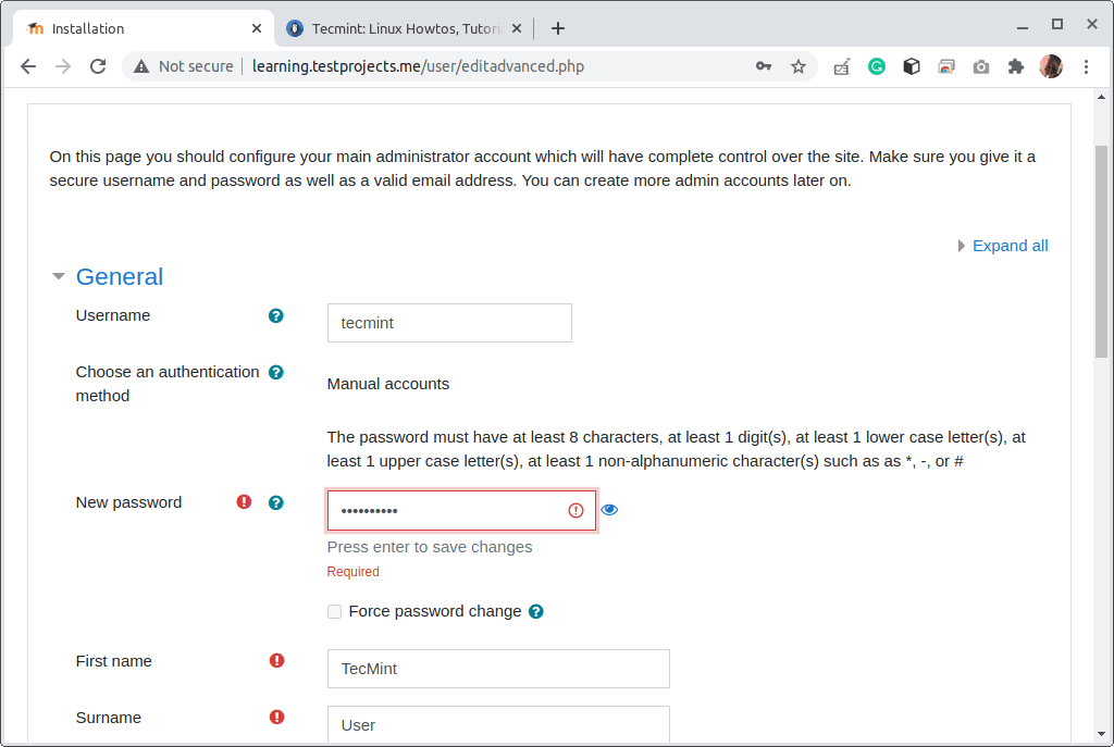 Dettagli del sito Moodle