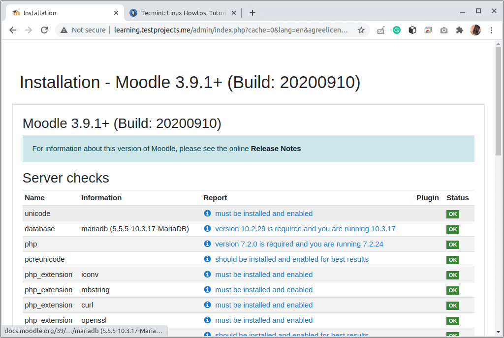 Verifica dei requisiti del server Moodle