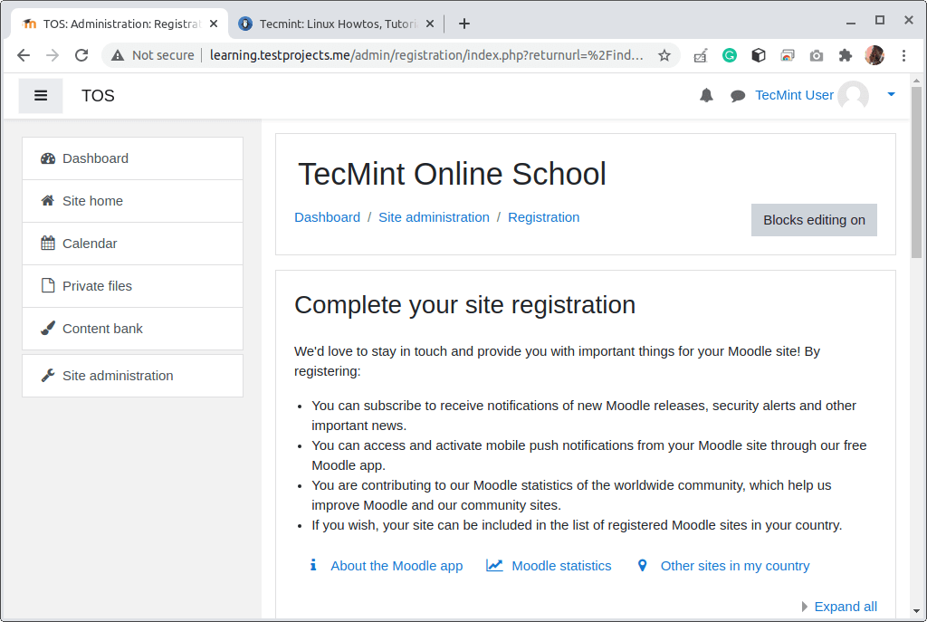 Installazione Web di Moodle completata