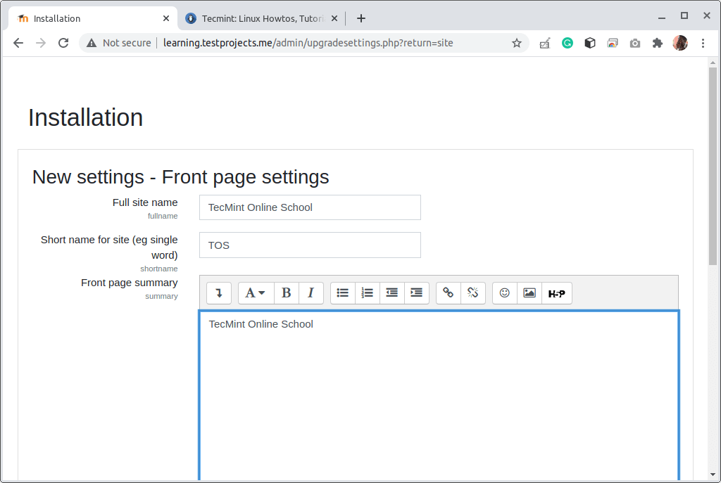 Impostazioni della pagina iniziale di Moodle