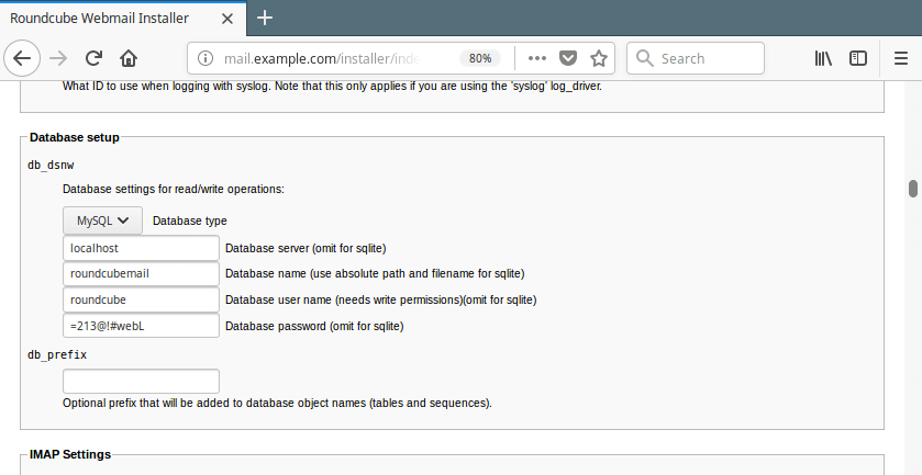 Impostazioni database Roundcube