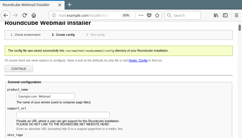 File di configurazione Roundcube creato