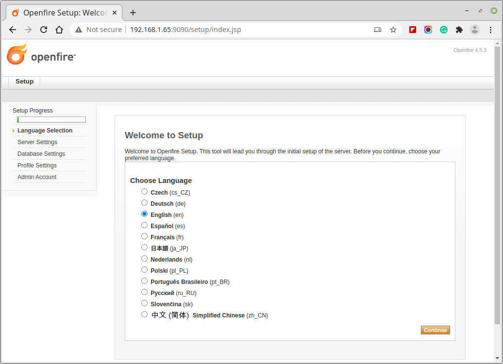 Lingua di installazione di Openfire