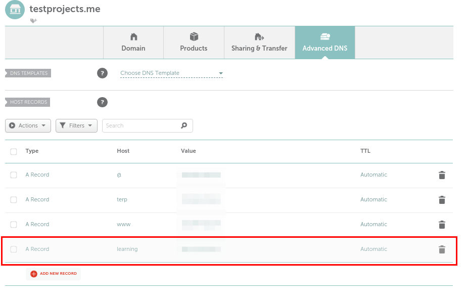 Aggiungi un record per il dominio Moodle