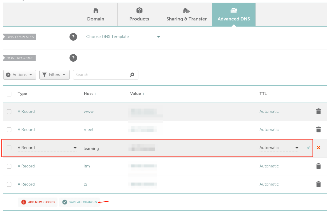Crea record DNS A per l'applicazione Moodle