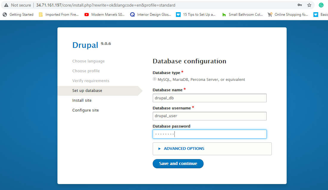 Imposta le impostazioni del database Drupal