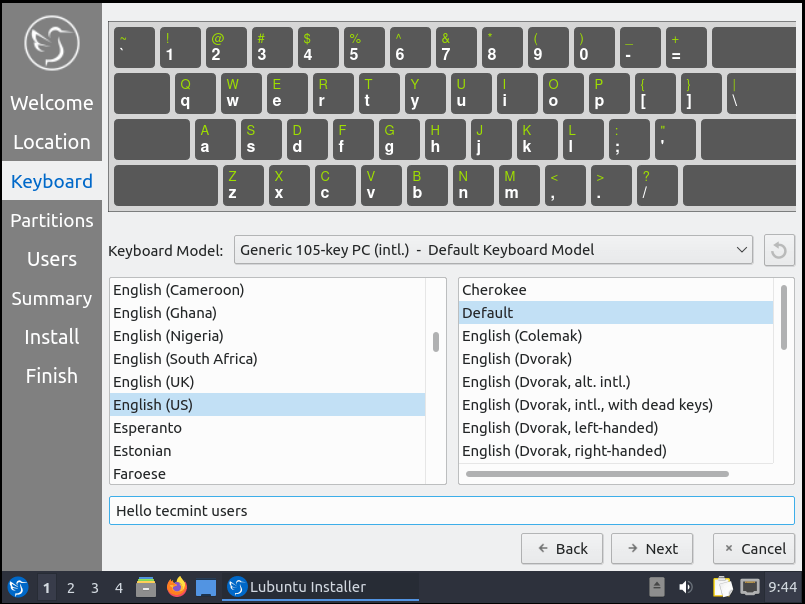 Scegli il layout della tastiera