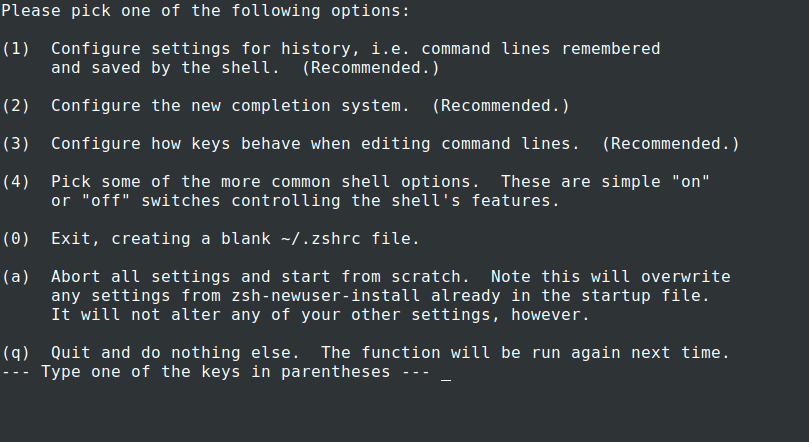 Menu principale Zsh