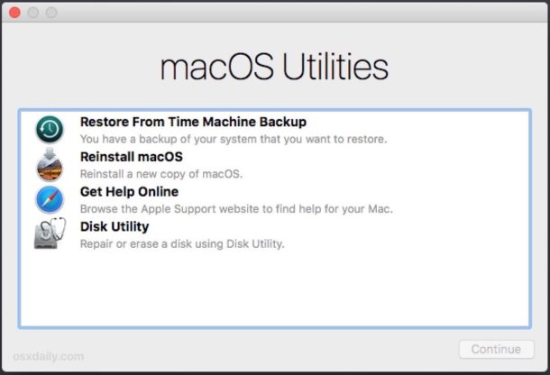 Opzioni della modalità di ripristino di MacOS nella schermata Utilità di MacOS