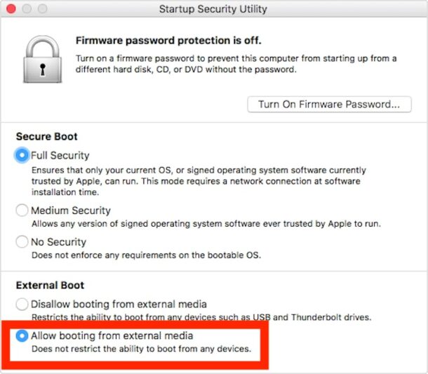 Utilità di sicurezza all'avvio che consente l'avvio da un supporto esterno su Mac