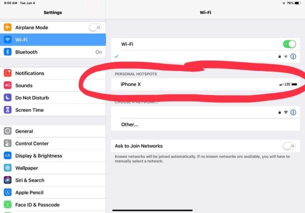 Connettiti e unisciti a un hotspot iPhone da iPad