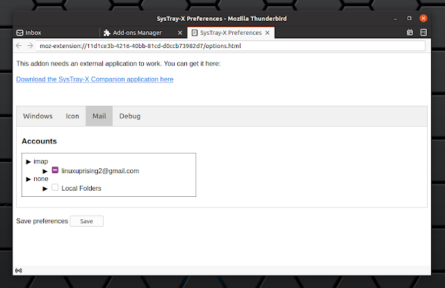 Opzioni di posta di Systray-x thunderbird