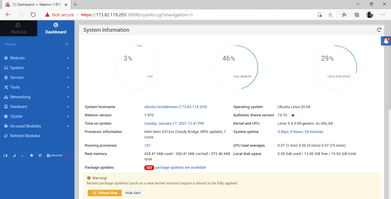 Dashboard di amministrazione di Webmin
