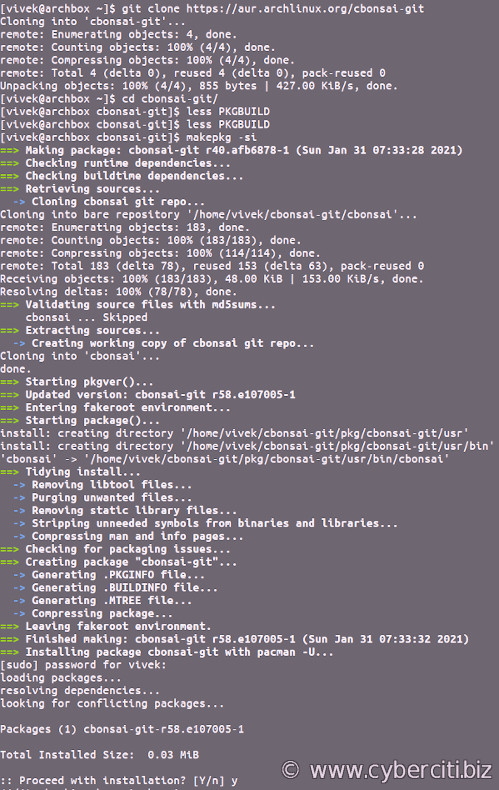 Installazione di cbonsai su Arch linux utilizzando AUR
