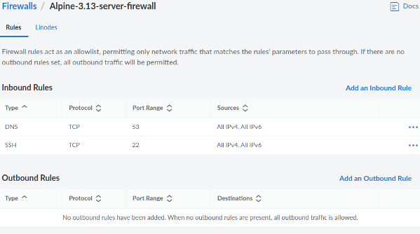 Regole in entrata e in uscita per i firewall Linode Clouid