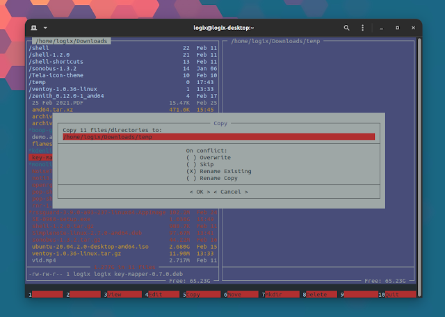 Finestra di dialogo di copia del file manager RNR