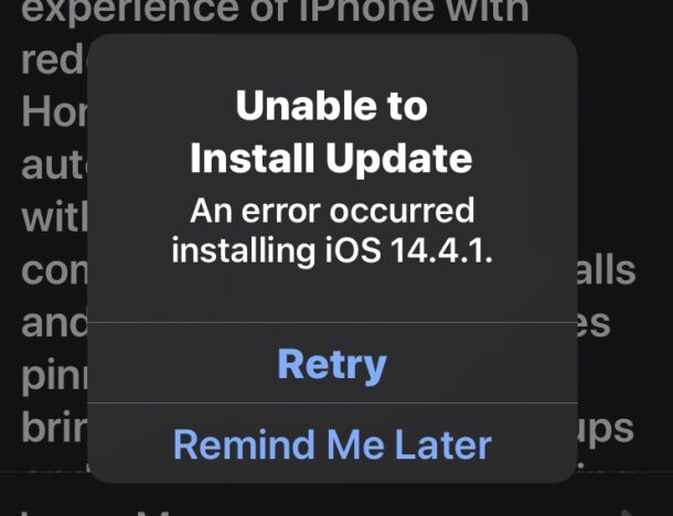 Impossibile installare l'aggiornamento: si è verificato un errore durante l'installazione di iOS / ipadOS