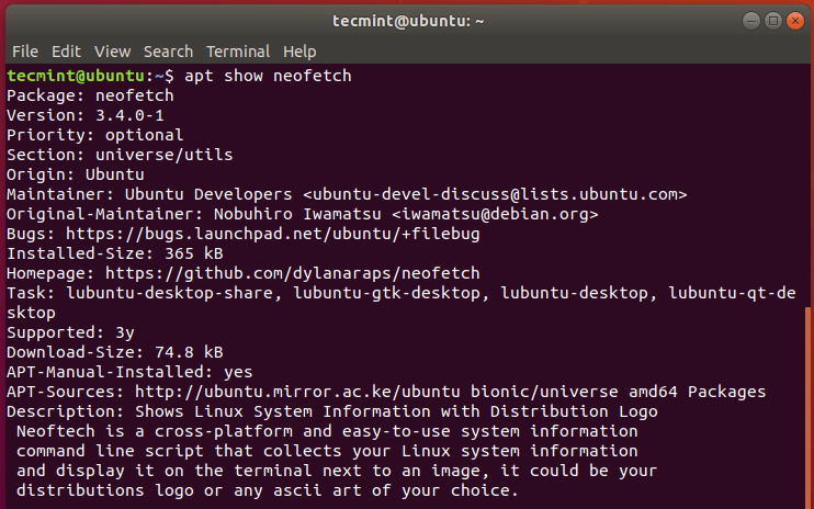 Controlla le informazioni sul pacchetto in Ubuntu