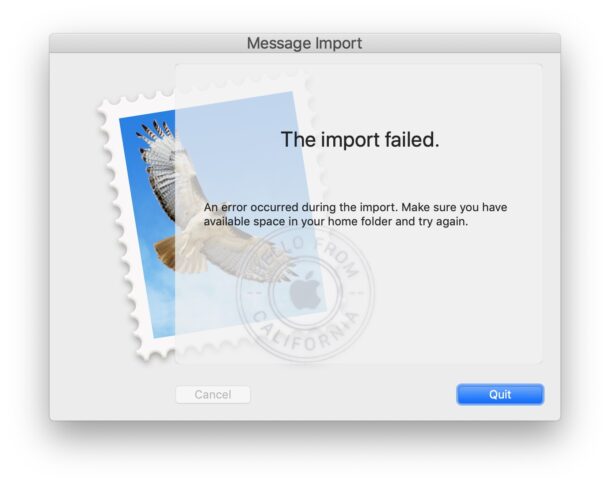 Errore di importazione della posta non riuscita su Mac