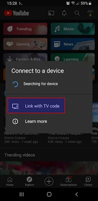 Collegamento YouTube per Android con codice TV