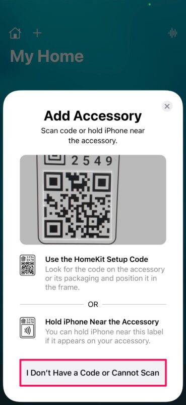 Come aggiungere l'accessorio HomeKit senza codice QR