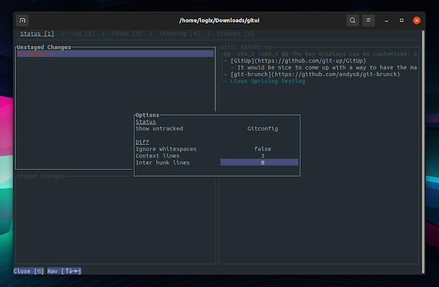 Popup opzioni GitUI Popup opzioni GitUI
