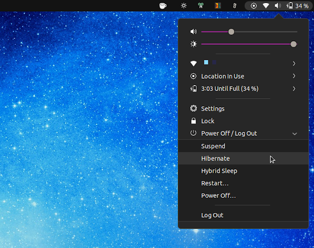 Menu di ibernazione GNOME Shell