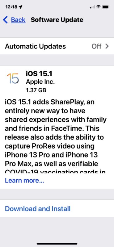 Download dell'aggiornamento iOS 15.1