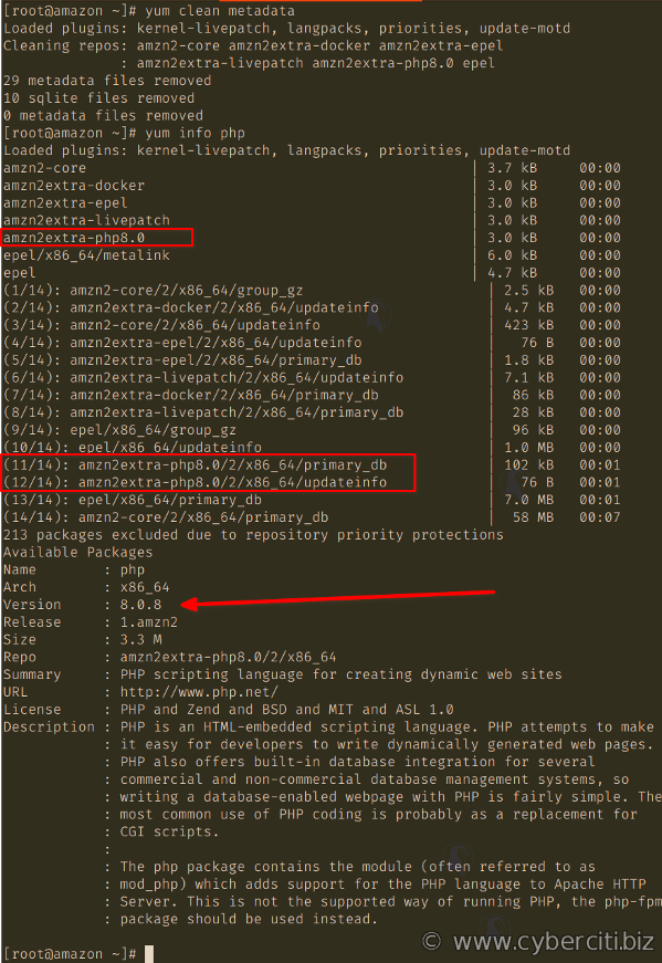 Pulizia dei metadati yum e ricerca di PHP 8.0 su Amazon Linux 2