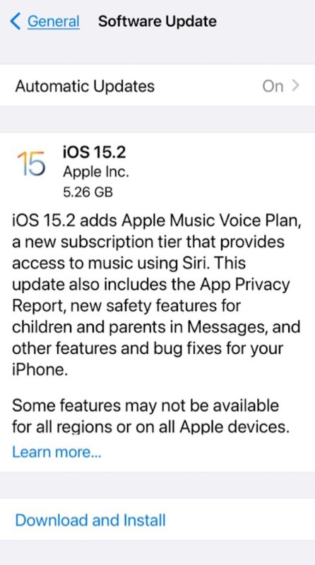 Download dell'aggiornamento iOS 15.2
