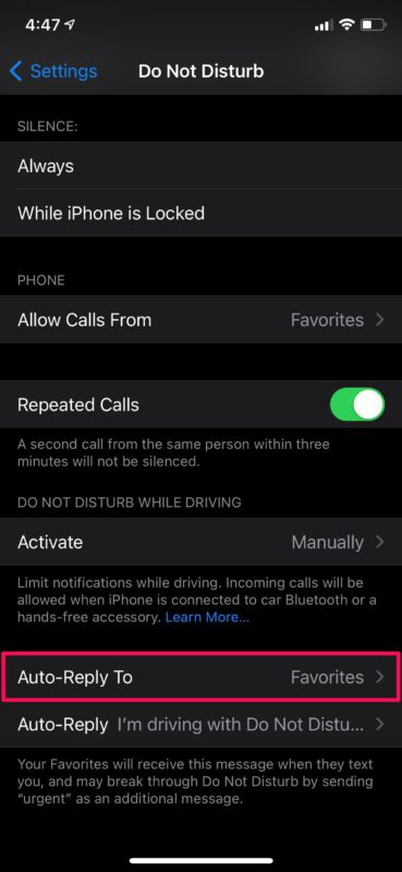 Come modificare il messaggio di risposta automatica per DND durante la guida su iPhone