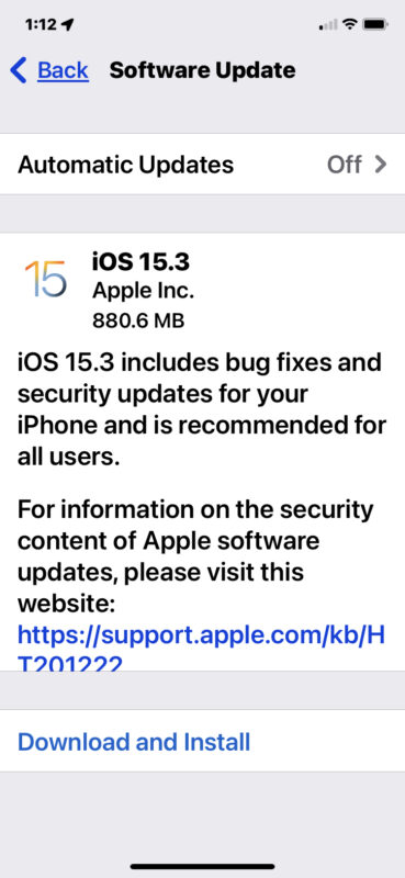 Aggiornamento iOS 15.3