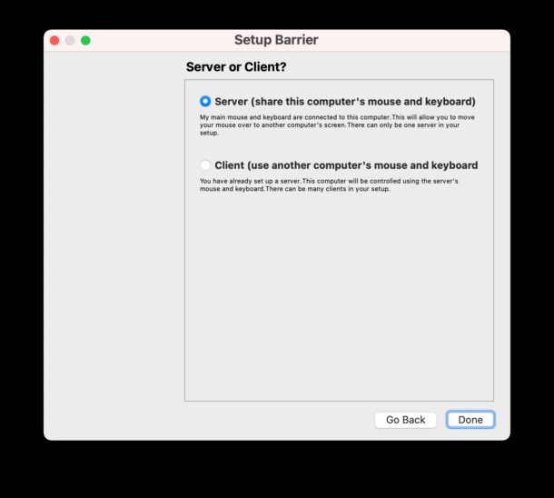 Scegli Server come configurazione per il Mac che desideri condividere tastiera e mouse