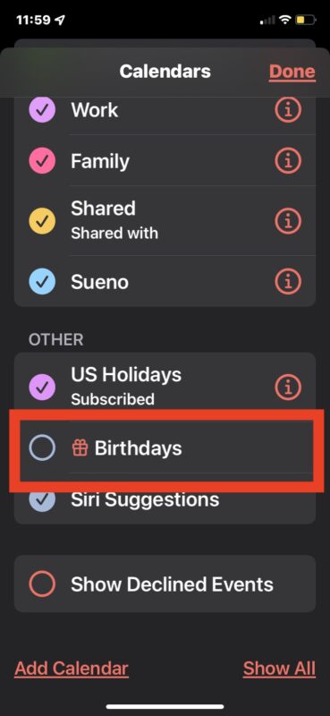 Nascondi tutti i compleanni da Calendario su iPhone e iPad